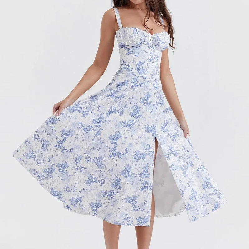 Robe fleurie fendue midi à bretelles