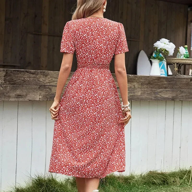 Robe été rouge fleurie à boutons