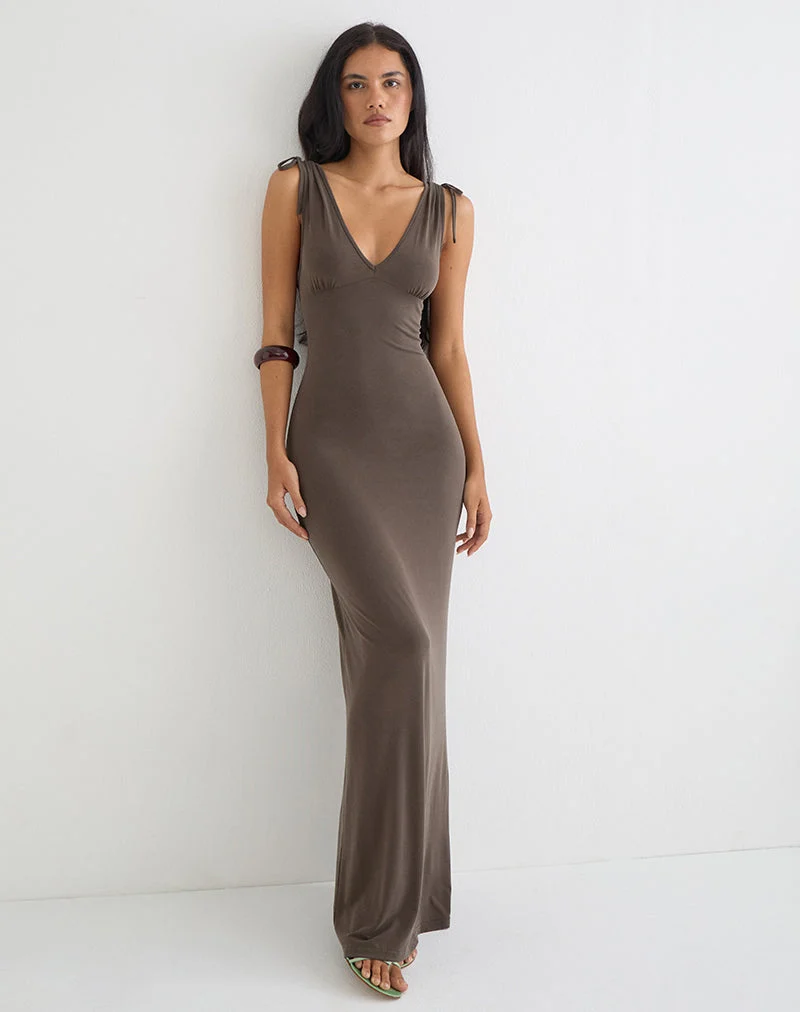 Robe longue décolletée Sanyu en cupro, marron foncé