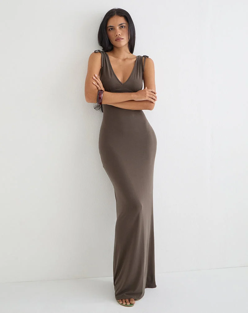 Robe longue décolletée Sanyu en cupro, marron foncé