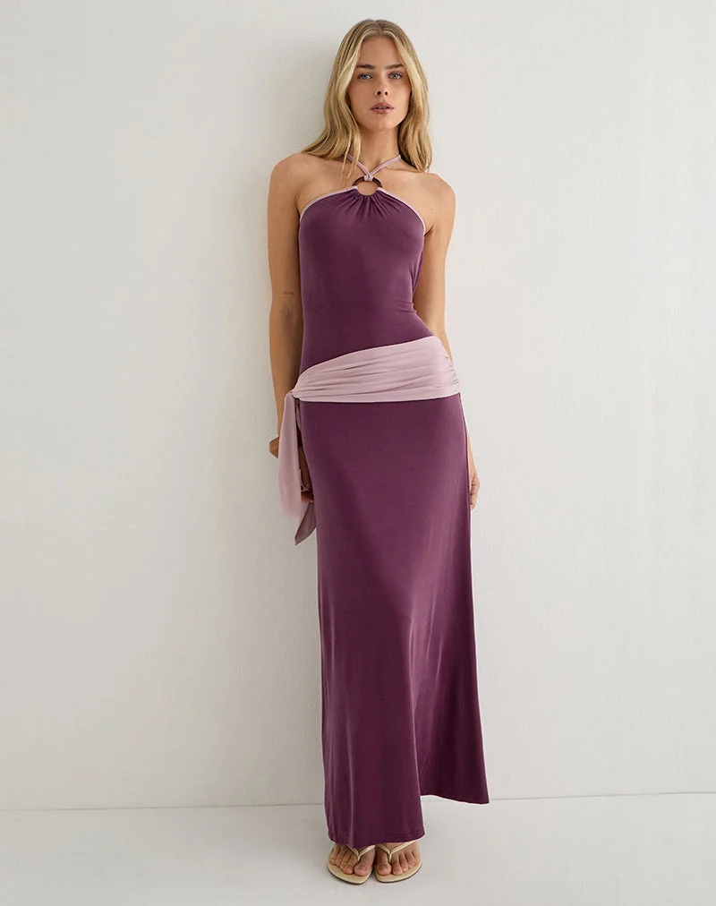 Robe longue Moisa en cupro, violet foncé et rose poudré