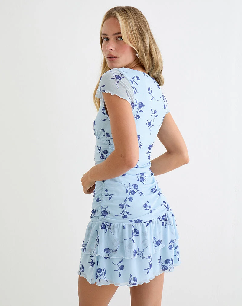 Mini-robe à manches courtes Mowgli, bleu clair à motifs de feuilles