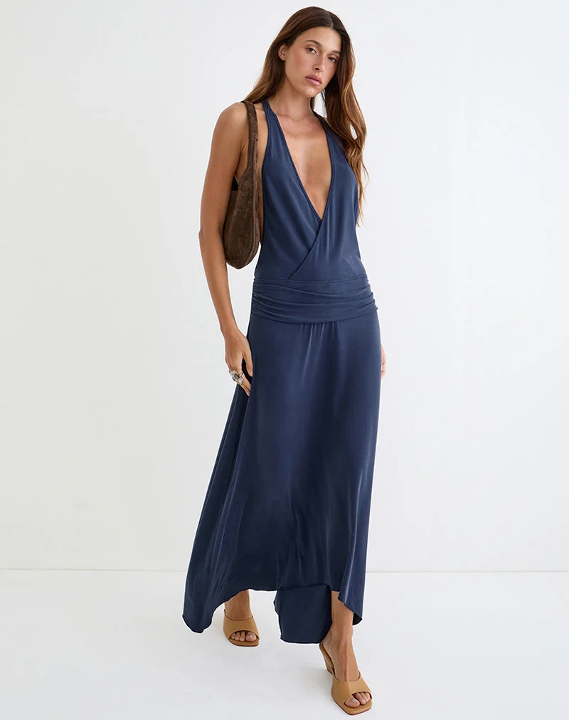 Robe longue Kiku en cupro bleu marine