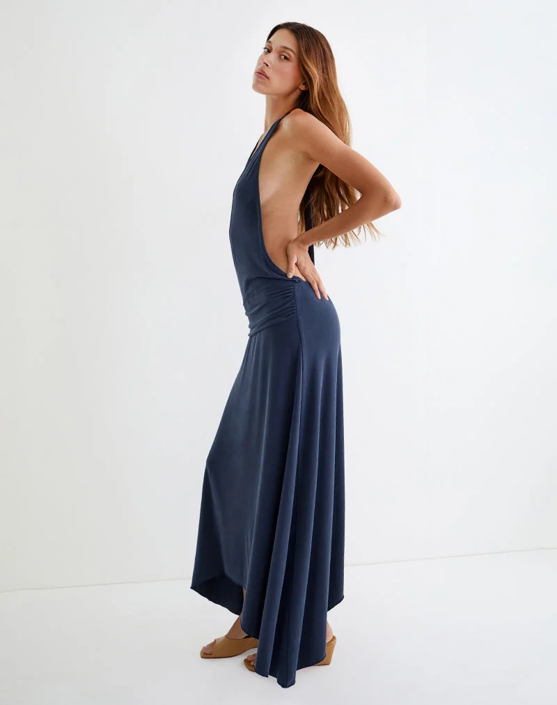 Robe longue Kiku en cupro bleu marine