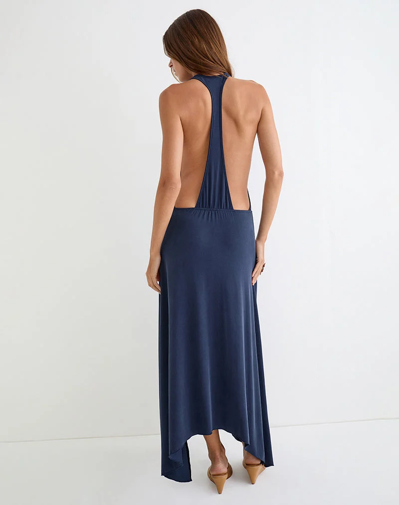 Robe longue Kiku en cupro bleu marine