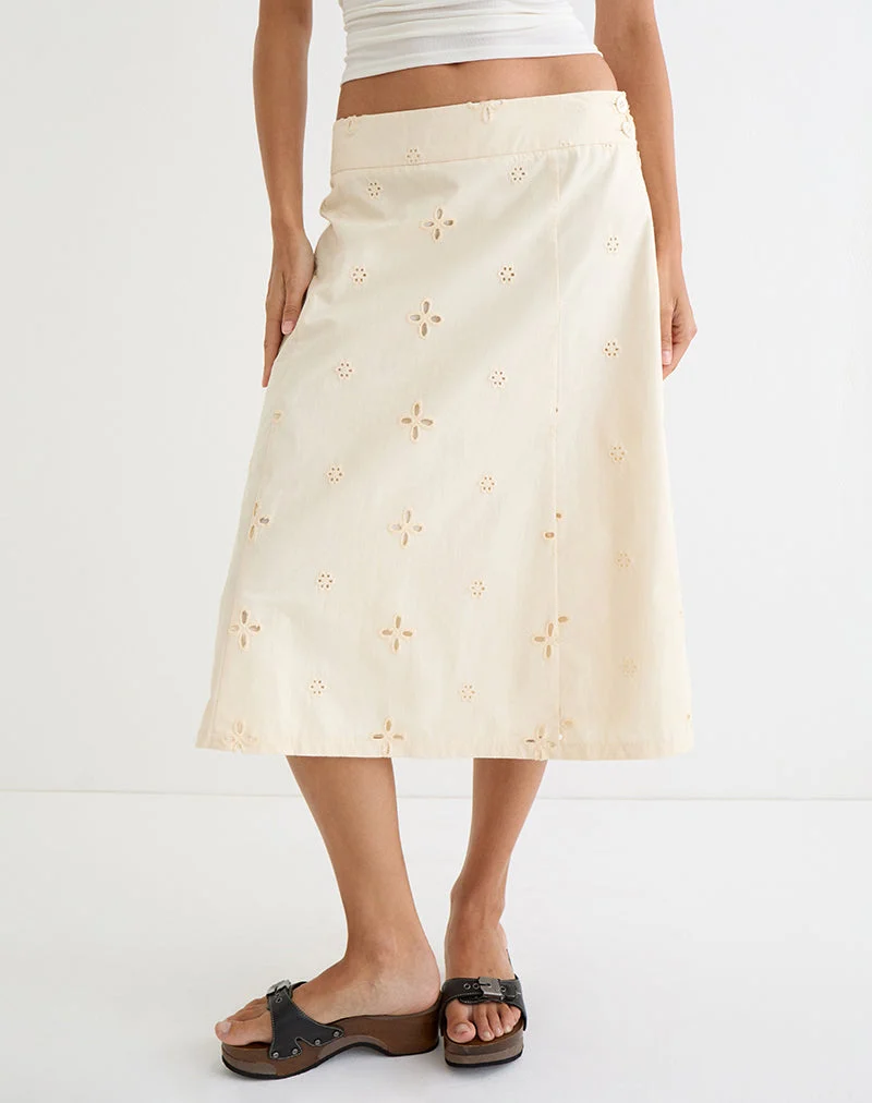 Jupe mi-longue Arash à boutons, modèle « Broderie Vanilla »
