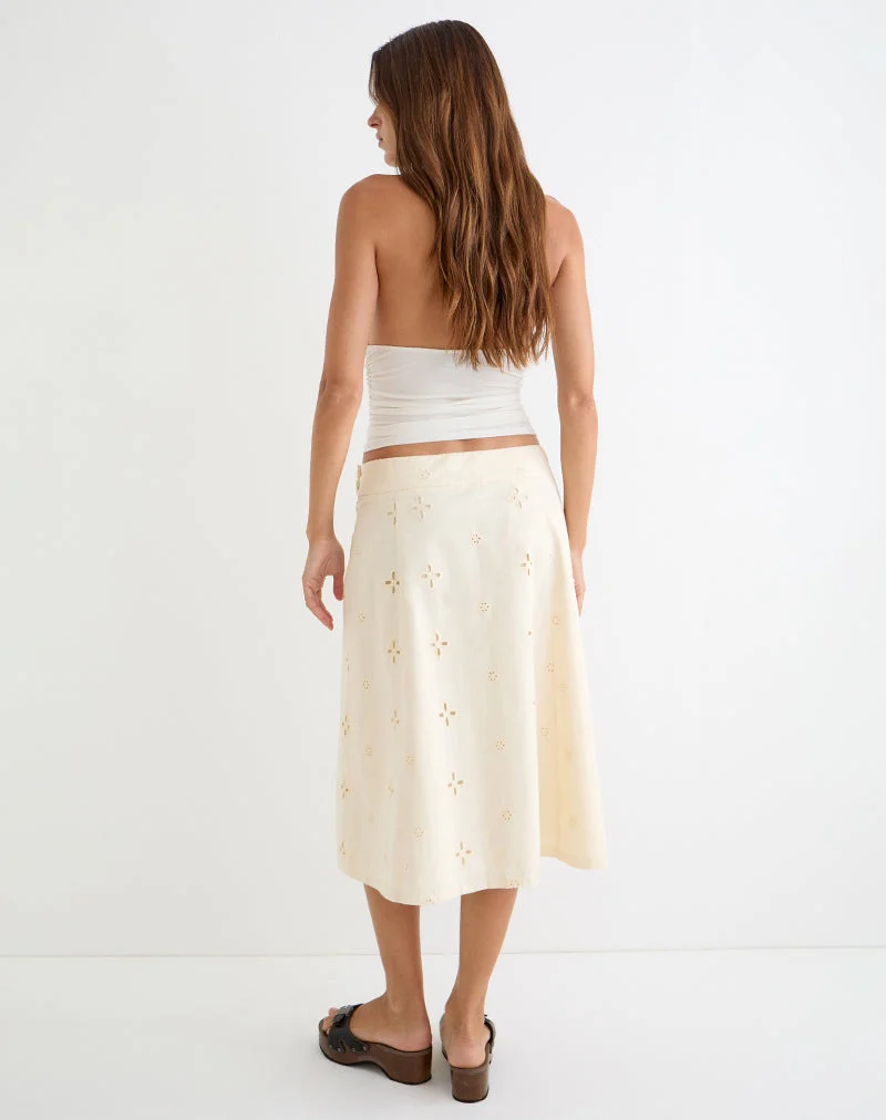 Jupe mi-longue Arash à boutons, modèle « Broderie Vanilla »