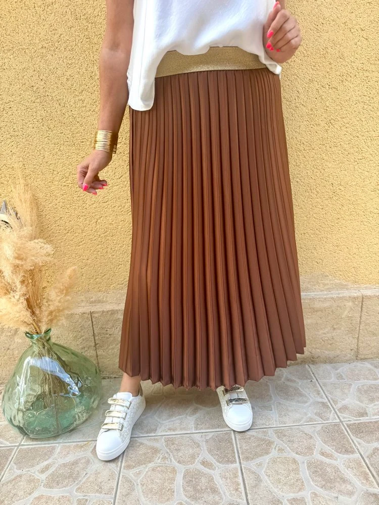 Jupe plissée satinée Jaya caramel