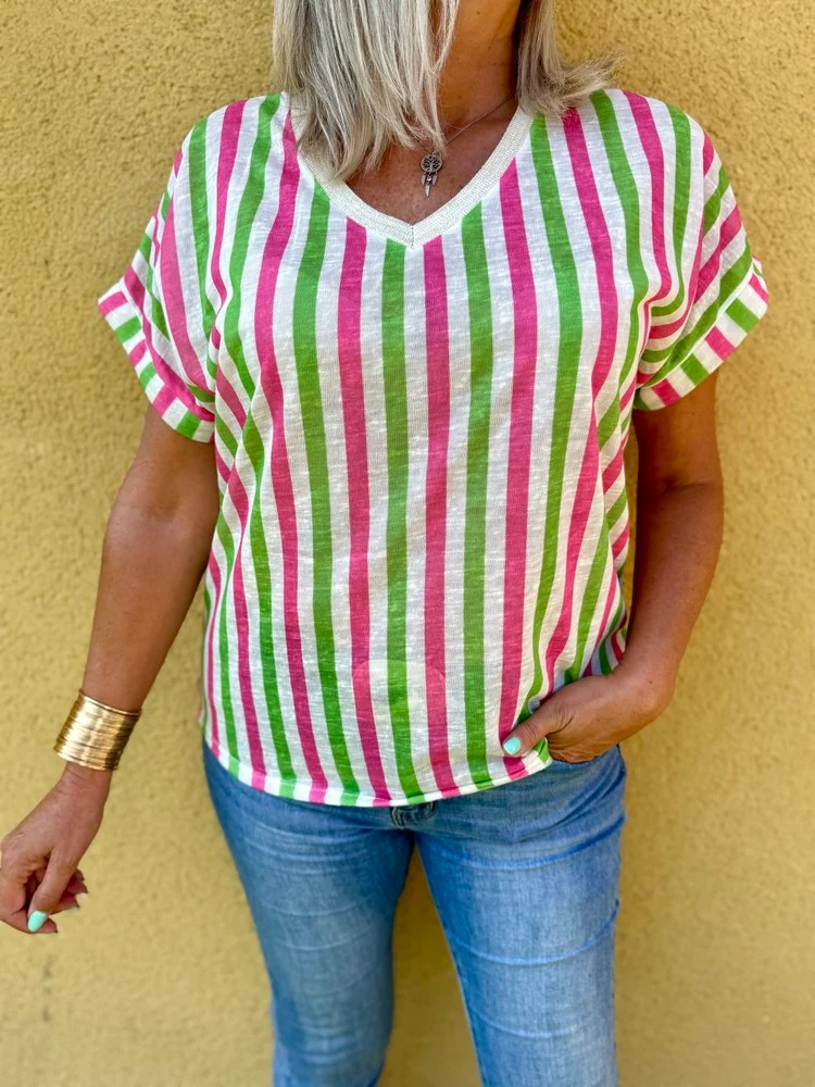 Teeshirt rayé Sofiano vert et rose