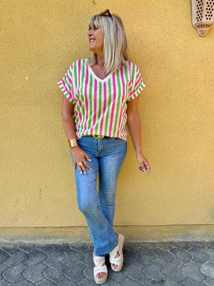 Teeshirt rayé Sofiano vert et rose