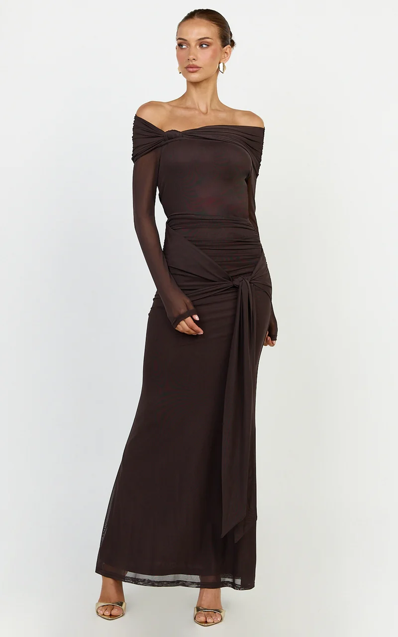 Waverly Maxi Dress - Long Sleeve Off Shoulder Dress in Chocolate