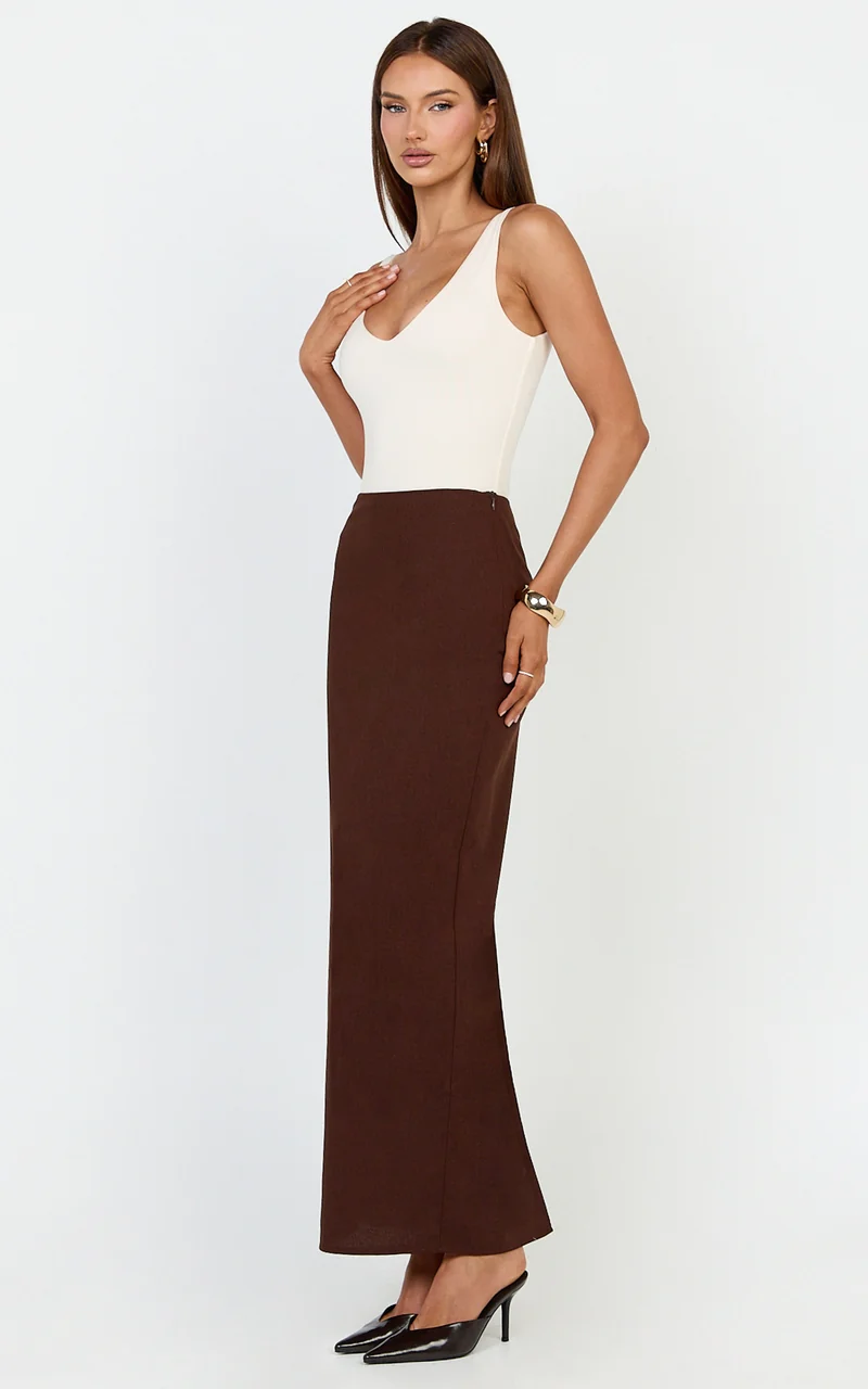 Vance Maxi Skirt - Linen Back Split Skirt in Chocolate