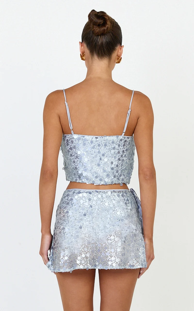 Kai Two Piece Top and Skirt Set - Sequin Crop Top and Wrap Tie Side Mini Skirt in Light Blue