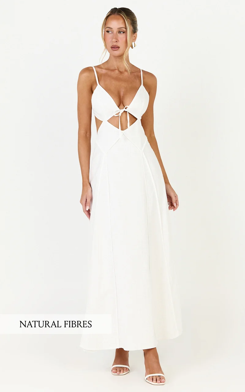 Grace Midi Dress - Strappy Cutaway with Godet Detail Dress in White