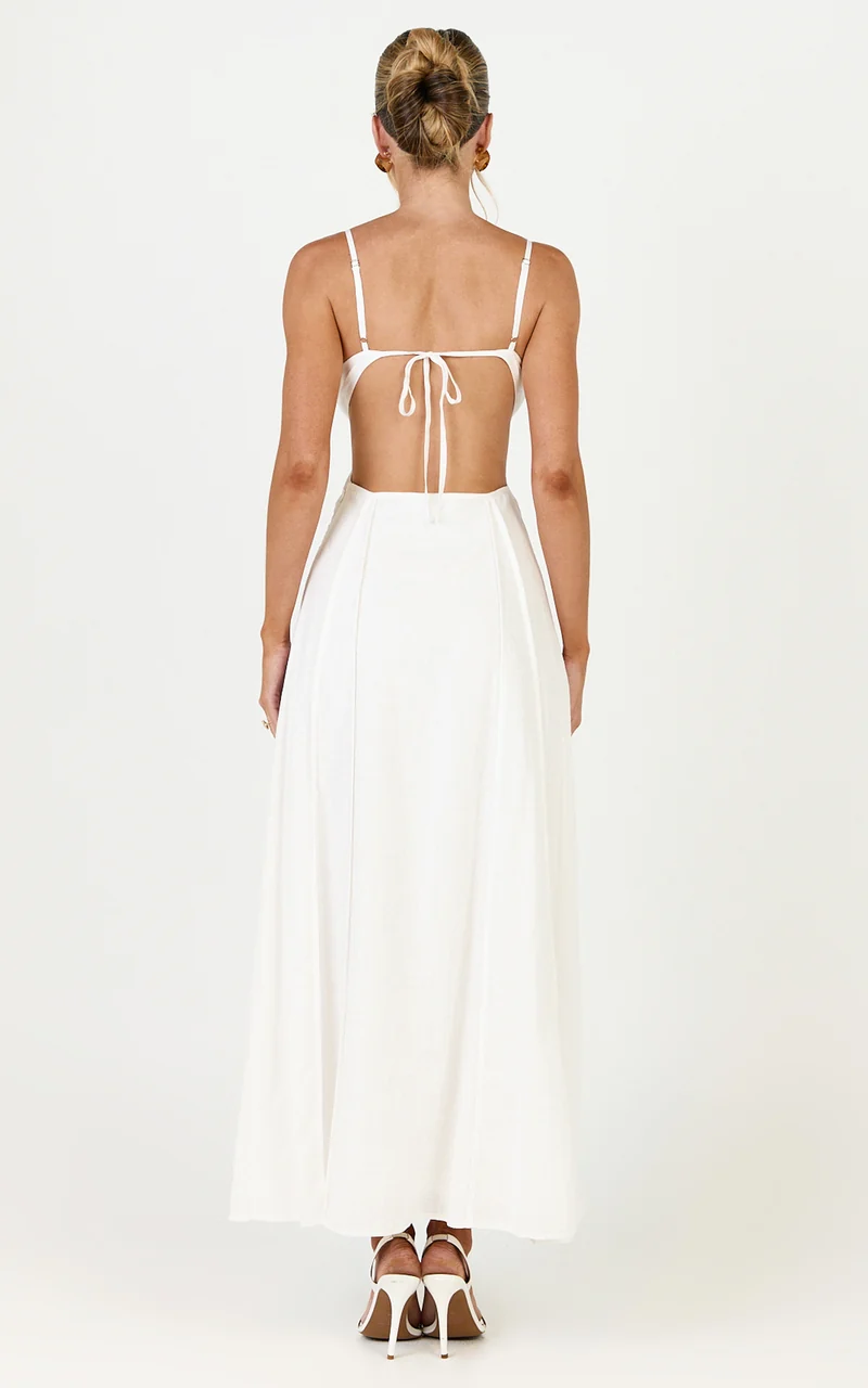 Grace Midi Dress - Strappy Cutaway with Godet Detail Dress in White