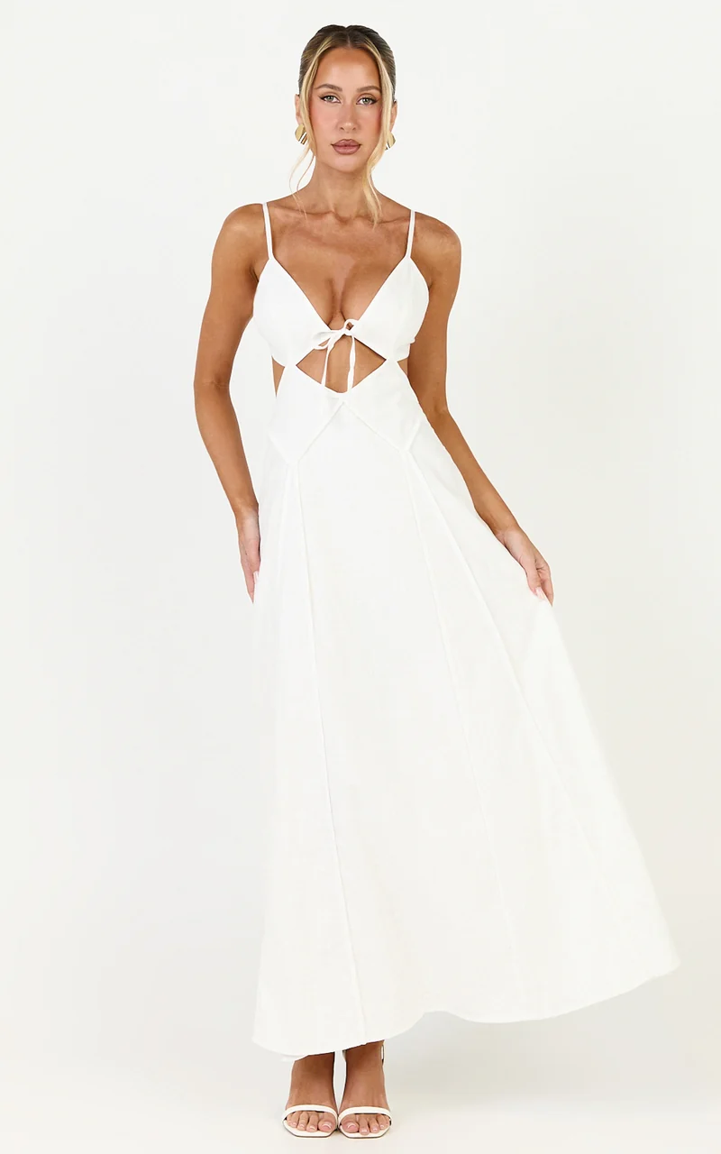 Grace Midi Dress - Strappy Cutaway with Godet Detail Dress in White