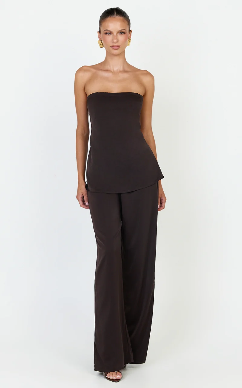 Robyn Pants - High Elastic Waist Relaxed Straight Leg Pants in Chocolate