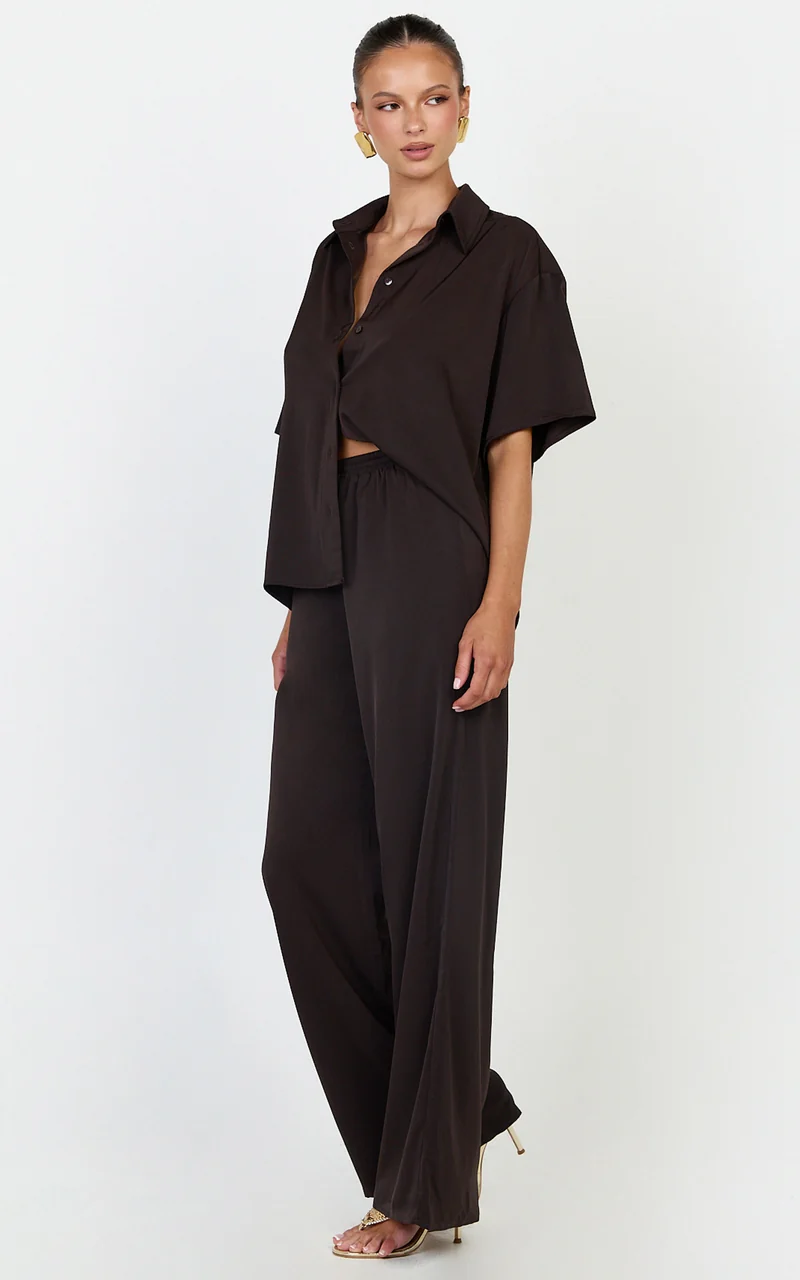 Robyn Pants - High Elastic Waist Relaxed Straight Leg Pants in Chocolate