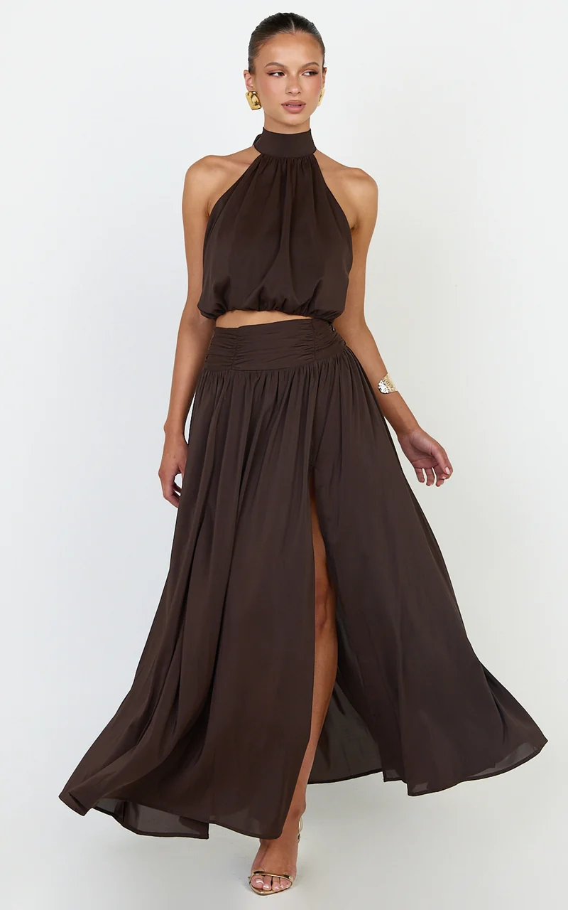 Melanie Maxi Skirt - Gathered Yoke Skirt in Brown