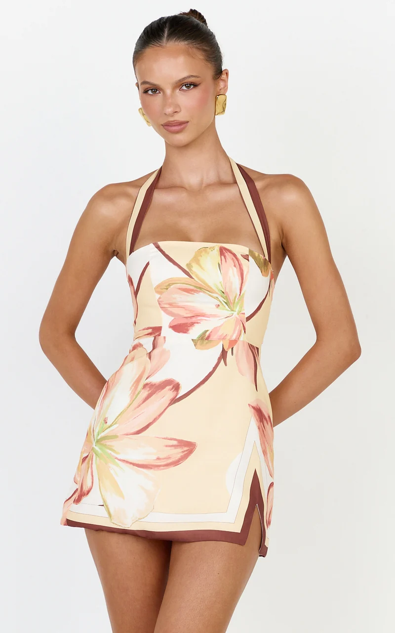 Robyn Mini Dress - Square Neck Halter Neck Faux Wrap Dress in Yellow Retro Flower Print