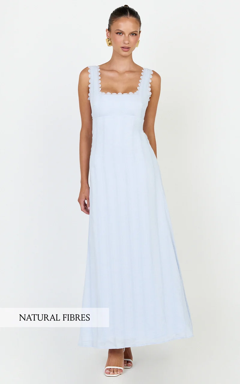 Roxanne Midi Dress - Square Neck Fit And Flare Dress in Light Blue
