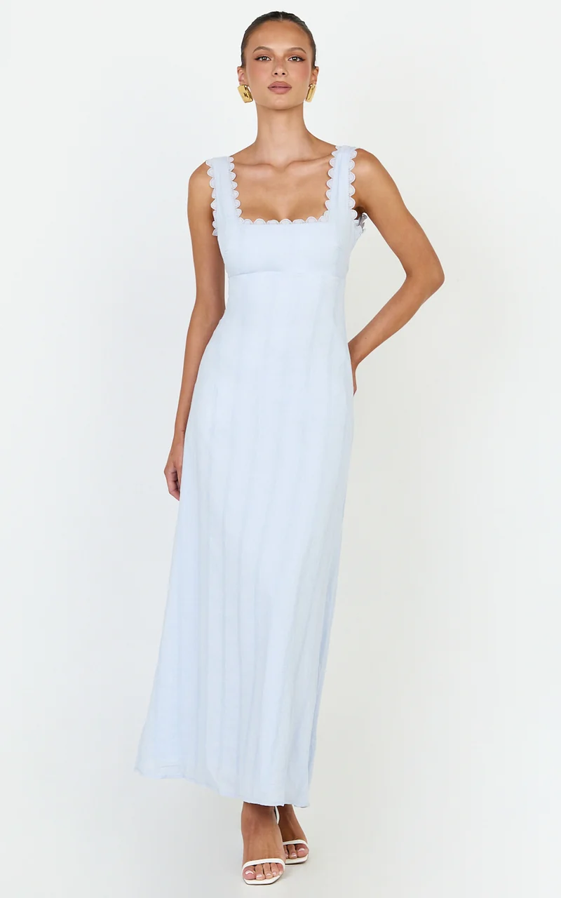 Roxanne Midi Dress - Square Neck Fit And Flare Dress in Light Blue