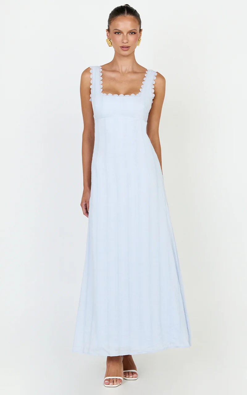Roxanne Midi Dress - Square Neck Fit And Flare Dress in Light Blue