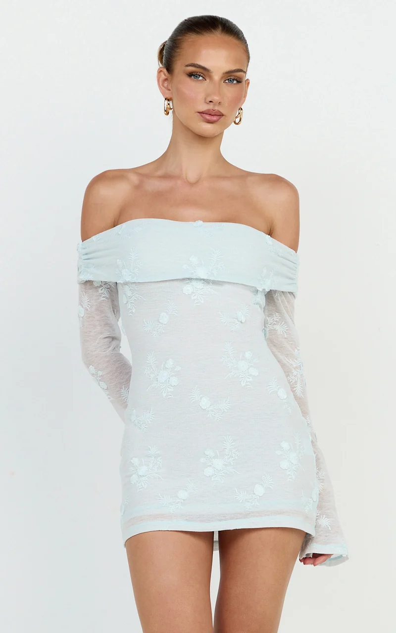 Raymond Mini Dress - Off Shoulder Long Sleeve Fitted Dress in Blue