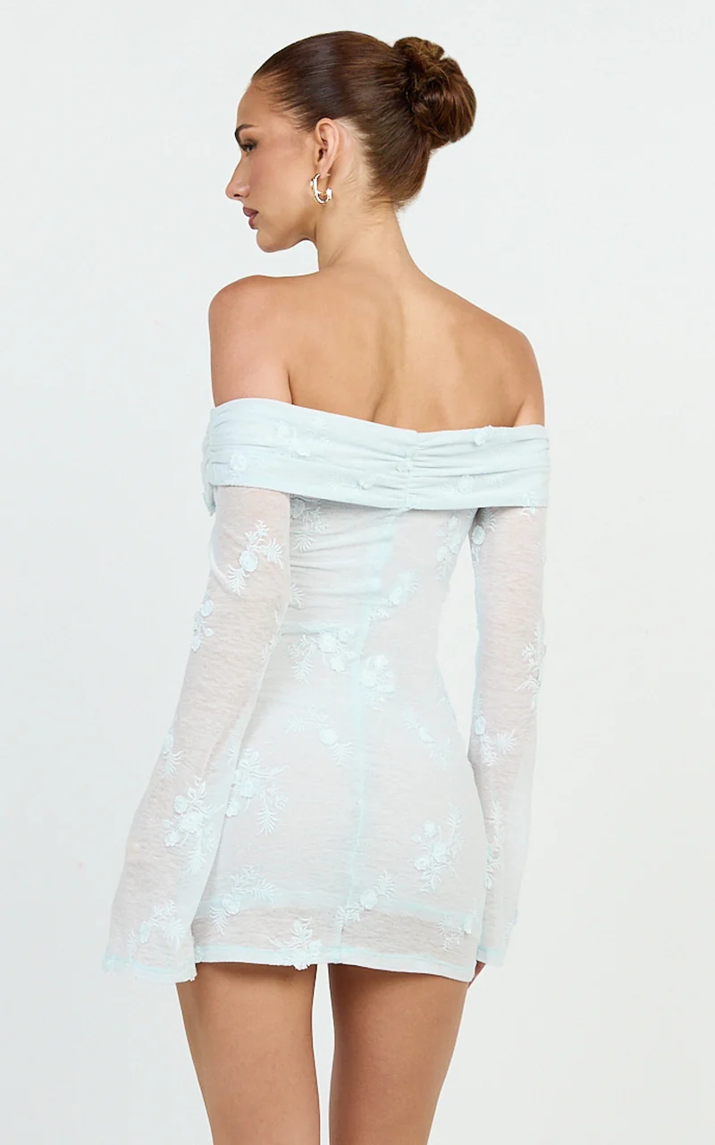 Raymond Mini Dress - Off Shoulder Long Sleeve Fitted Dress in Blue