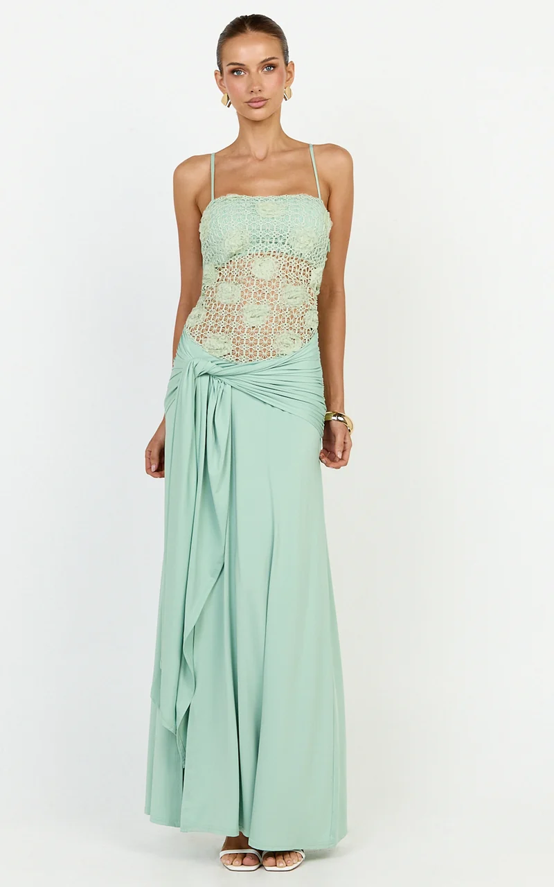 Nerissa Maxi Dress - Crochet Floral Embellished Bodice Drop Tie Waist Dress in Sage