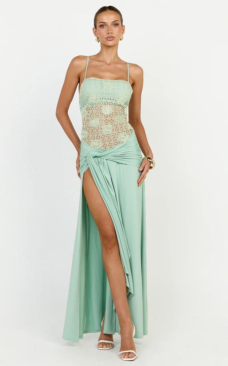 Nerissa Maxi Dress - Crochet Floral Embellished Bodice Drop Tie Waist Dress in Sage