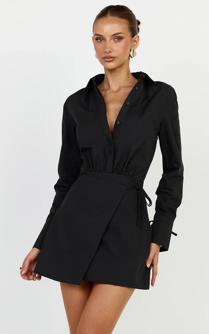Heath Mini Dress - Collared Button Up Shirt Dress in Black