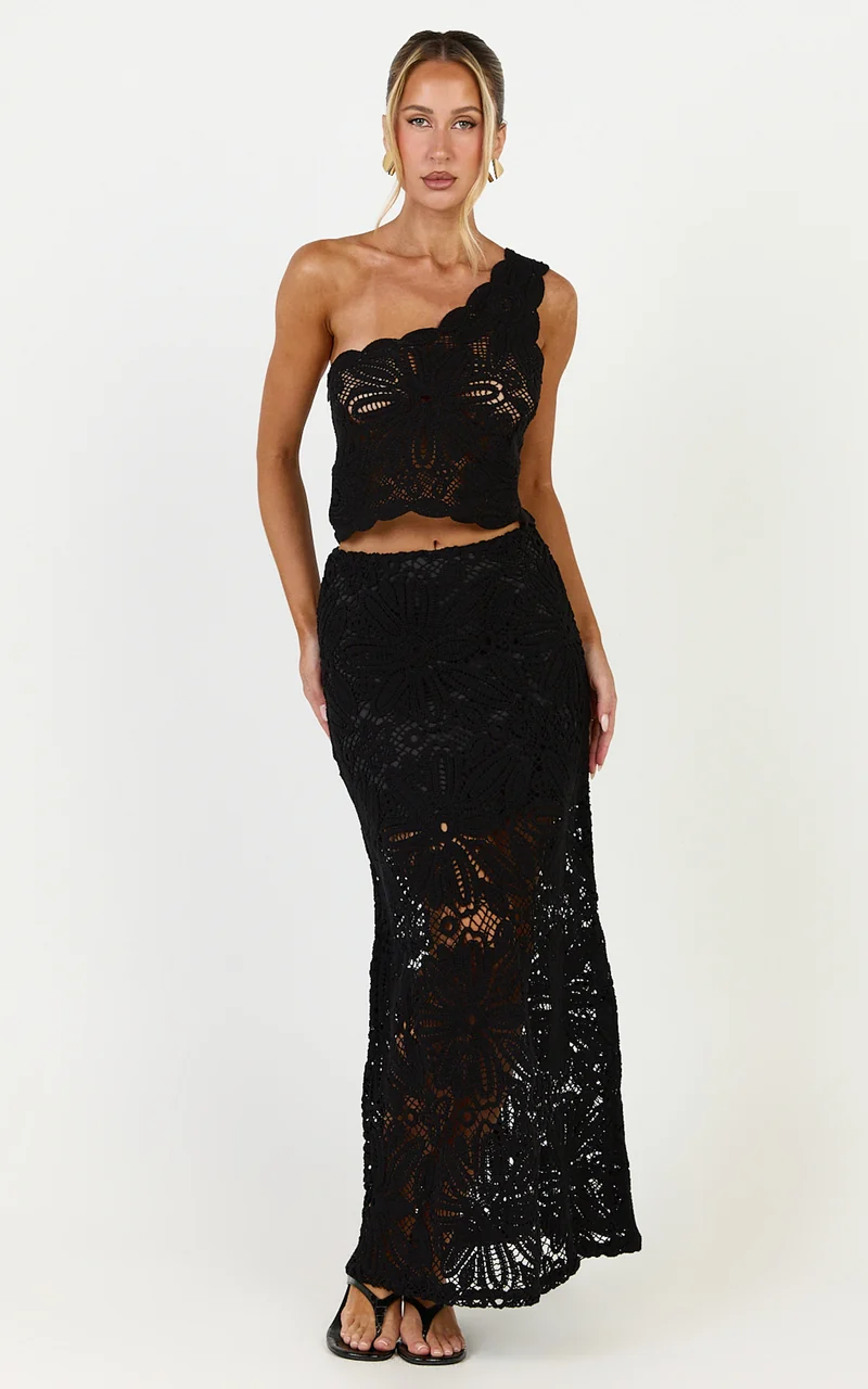 Charlene Maxi Skirt - Crochet Fit And Flare Skirt in Black