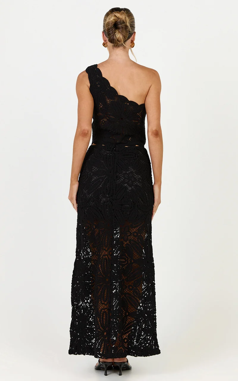 Charlene Maxi Skirt - Crochet Fit And Flare Skirt in Black
