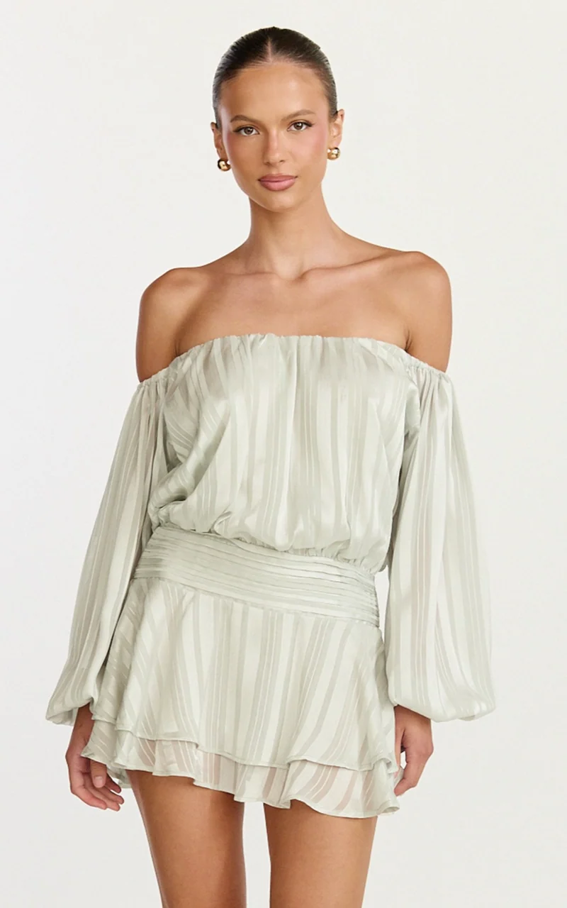 Giselle Mini Dress - Balloon Sleeve Off Shoulder Dress in Sage