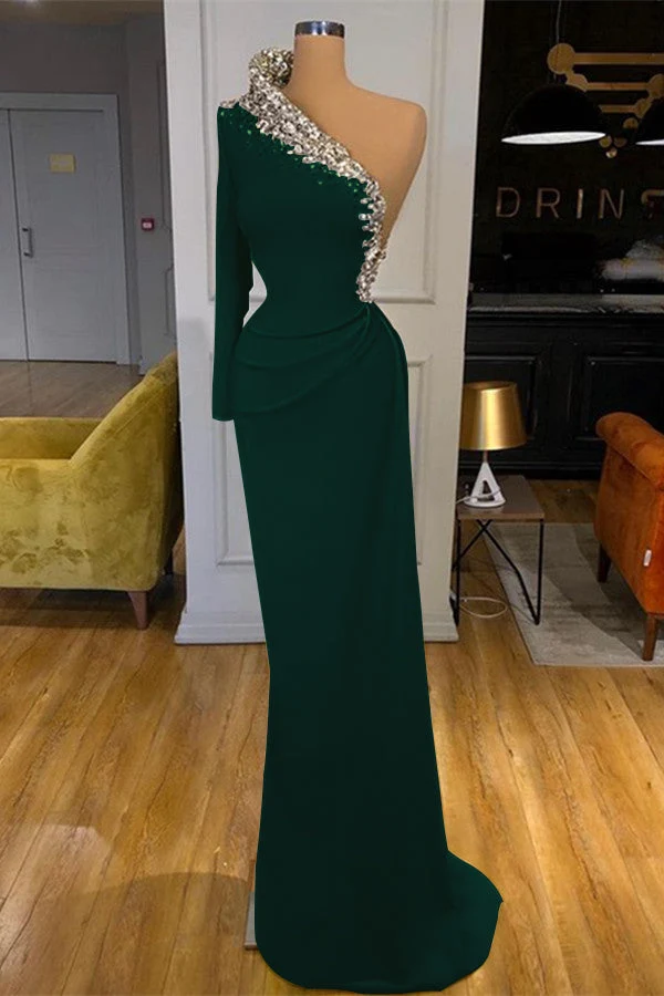 Robe sirène verte enchanteresse à une épaule : robe de bal à manches longues ornée de perles