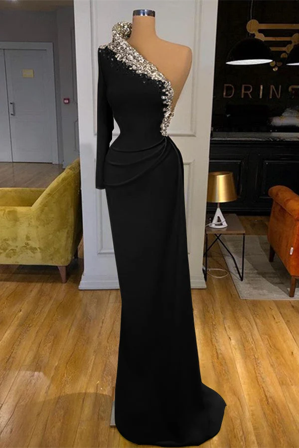 Robe sirène verte enchanteresse à une épaule : robe de bal à manches longues ornée de perles