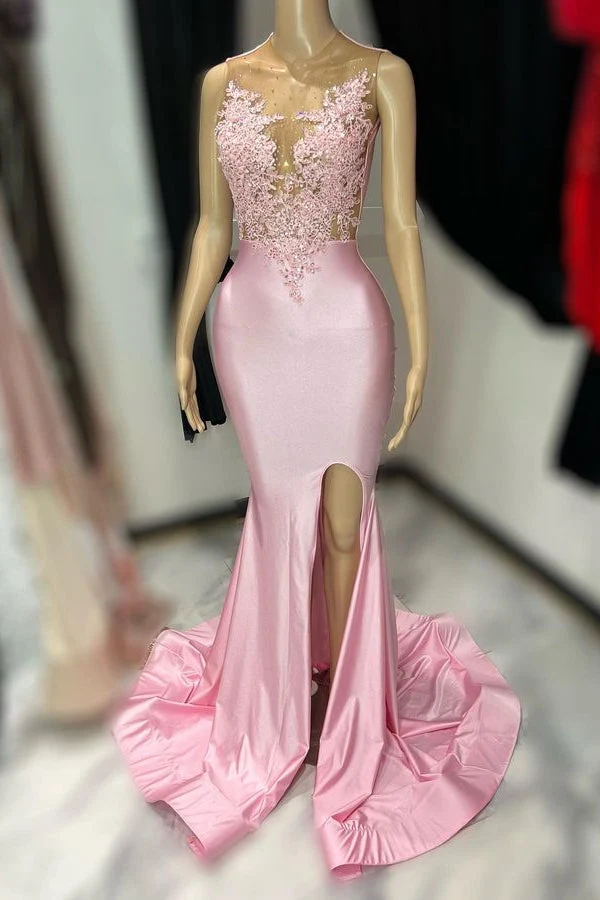 Robe de bal sirène en tulle rose avec appliques et robe de soirée fendue