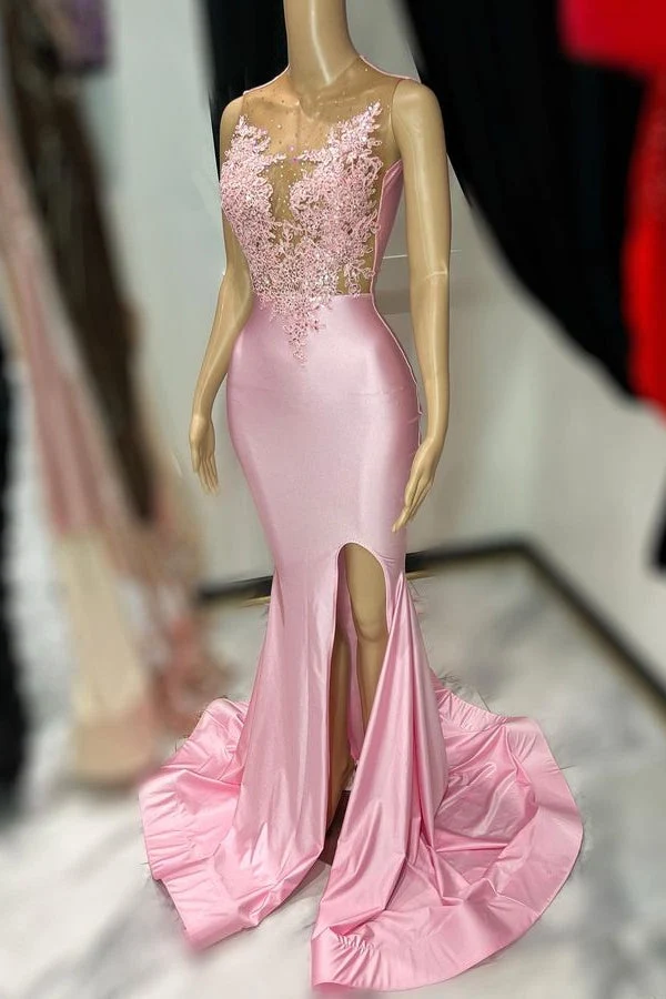 Robe de bal sirène en tulle rose avec appliques et robe de soirée fendue