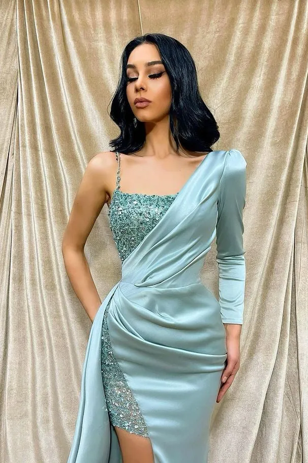 Robe de soirée élégante à manches longues et épaules dénudées, style sirène, vert clair, à sequins