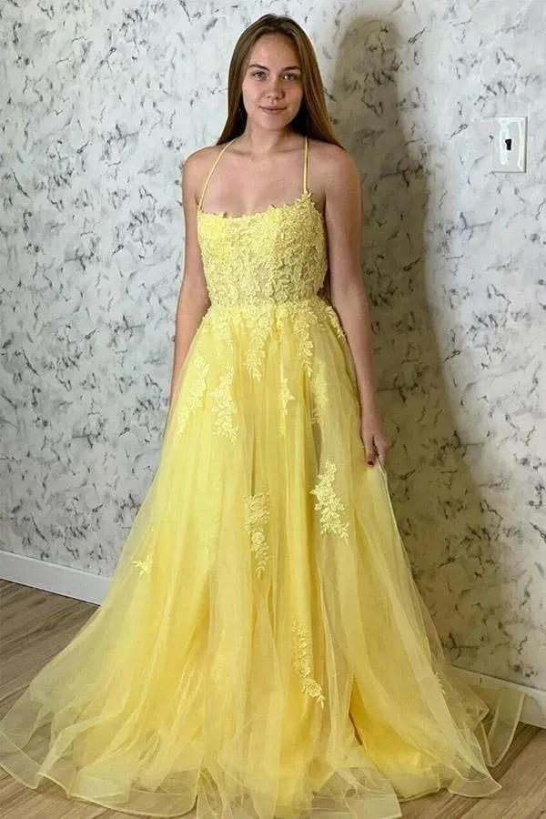 Robe de soirée élégante en dentelle jaune appliquée, robe de soirée pour occasions spéciales