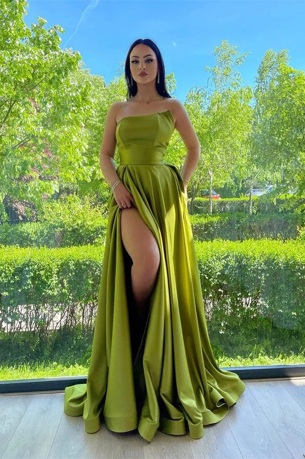 Robe de soirée élégante taille empire, sans bretelles, coupe trapèze, longue et fendue