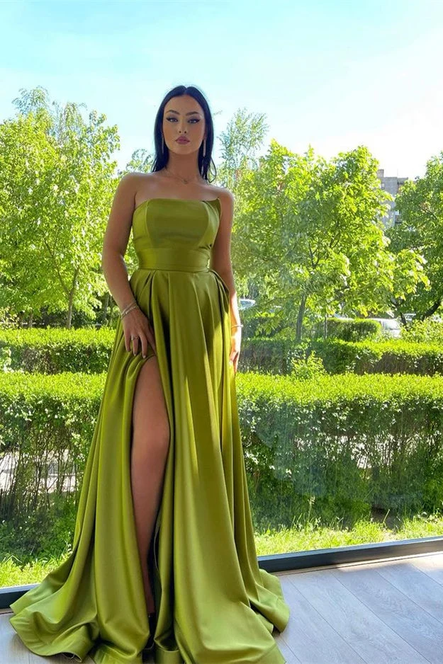 Robe de soirée élégante taille empire, sans bretelles, coupe trapèze, longue et fendue
