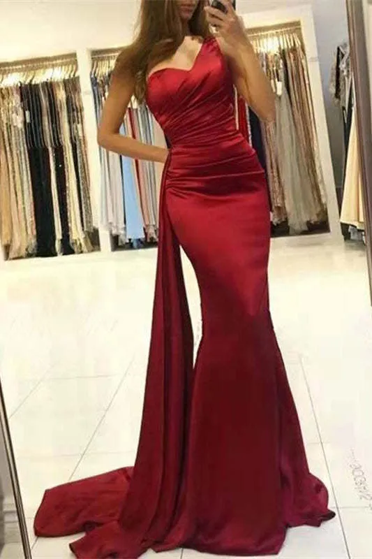 Robe de bal sirène rouge vin à une épaule avec volants élégants