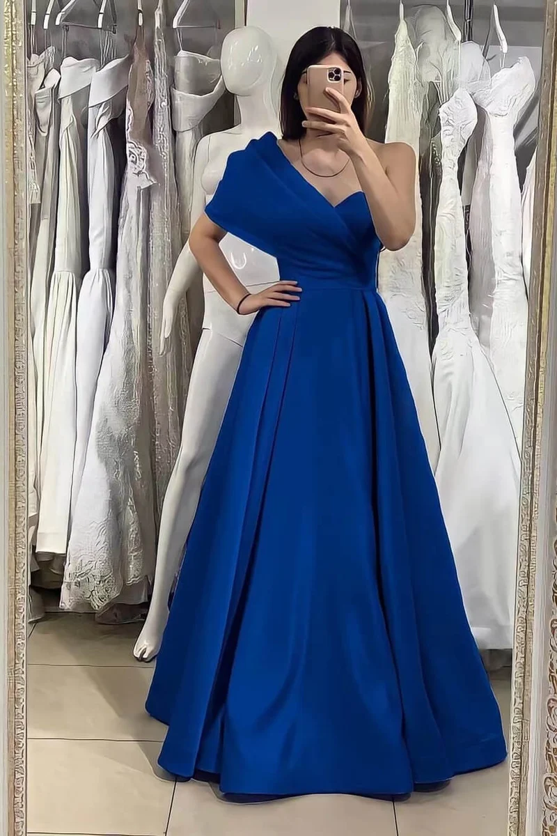Robe de soirée élégante bleu roi à une épaule et décolleté en cœur