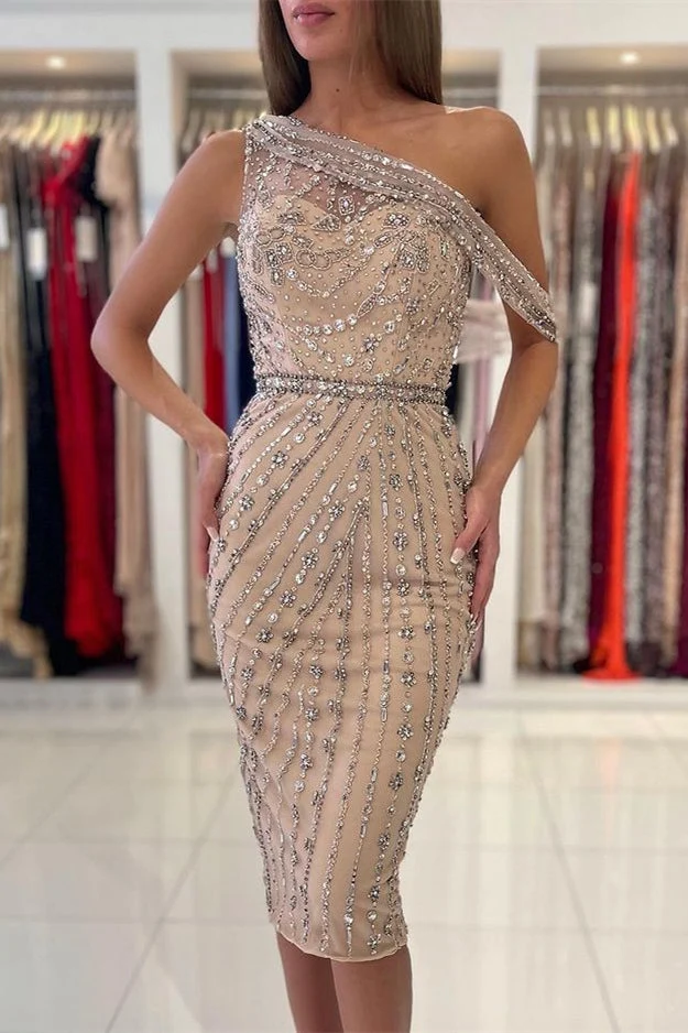 Robe de soirée luxueuse à une épaule et longueur genou, ornée de cristaux