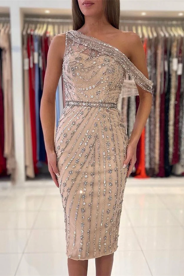 Robe de soirée luxueuse à une épaule et longueur genou, ornée de cristaux