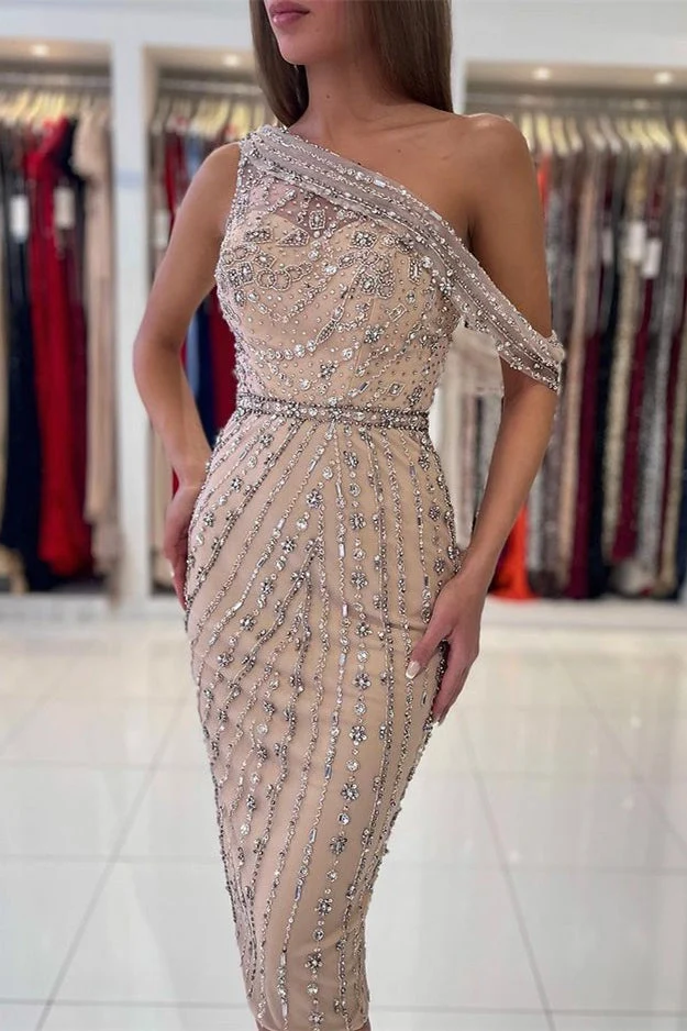Robe de soirée luxueuse à une épaule et longueur genou, ornée de cristaux