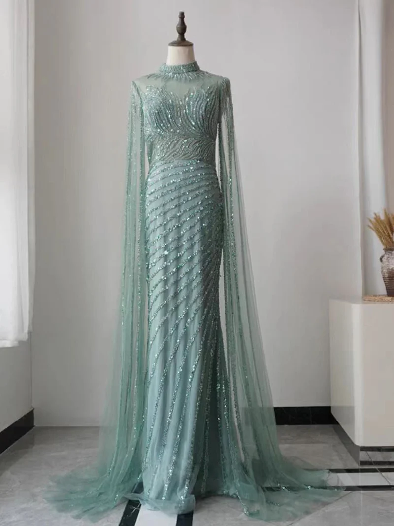 Robe de soirée sirène verte luxueuse à manches longues et paillettes