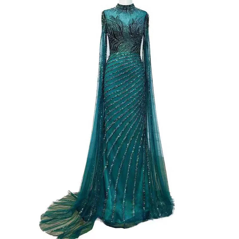 Robe de soirée sirène verte luxueuse à manches longues et paillettes